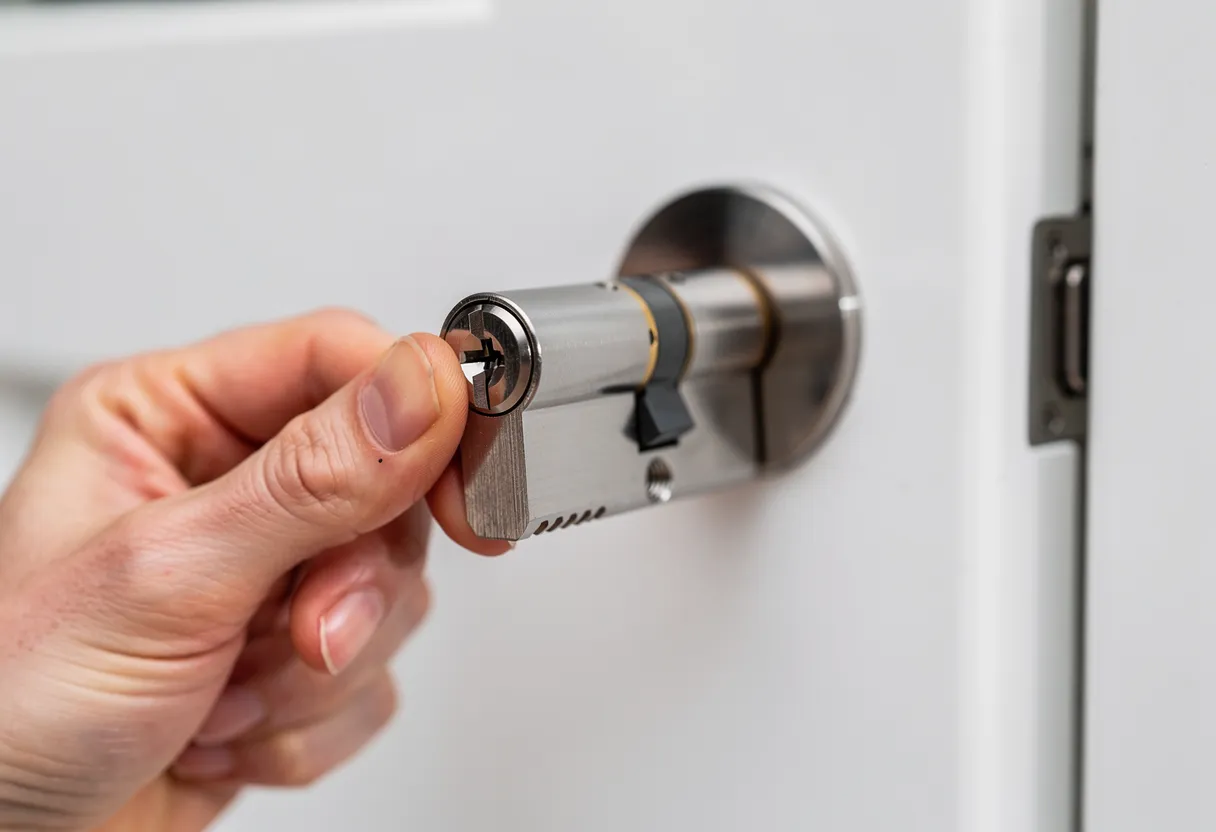Gros plan d'un barillet de porte en cours de remplacement